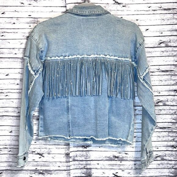 Rock and Roll Denim Light Wash Studded Fringe Denim Jacket - Picture 2 of 12